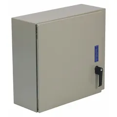 This steel washdown enclosure measures 36 x 32 x 8 inches and features a solid hinged cover. It is rated NEMA 12/13/3R/4, suitable for indoor or outdoor use where protection against dust, falling dirt, rain, sleet, and hose-directed water is required. Knockouts are not included.