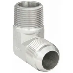 This steel hydraulic hose adapter features a 90° elbow configuration with male NPT and male JIC connections, both 1 inch in size. It provides a rigid transition between NPT and JIC thread types in hydraulic systems, commonly used to change direction in confined spaces.