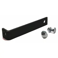 This steel offset mounting clip is used to attach heavy-duty welded-frame wire mesh pallet rack back guards. It features a black powder-coated finish and includes the necessary mounting hardware. Typical applications include securing back guards in rack aisles to help contain stored goods.