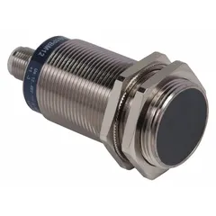 Shielded cylindrical inductive proximity sensor with built-in M12 connector and 3 wires. Operates on 12-48V DC supply voltage. Detects metallic objects without contact for position sensing, part detection, and machine control in industrial automation systems.