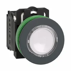 Momentary illuminated push button with flush profile, non-metallic construction, 30 mm mounting hole, and 1NO/1NC contacts. Suitable for industrial control panel signaling and operator input in manufacturing and automation environments.