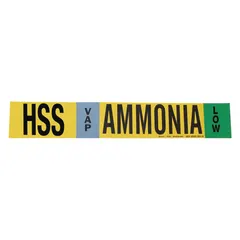 Ammonia adhesive pipe marker for industrial refrigeration piping identification. IIAR system abbreviation HSS, phase VAP, pressure level Low. Fits pipe outer diameter 2-1/2 to 7-7/8 inches. Without arrows. English text. One marker per unit.