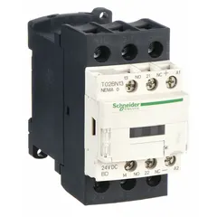 Non-reversing NEMA magnetic contactor with 3 poles, NEMA Size 0 rating, 18 A continuous current, and 24V DC coil. Suitable for switching three-phase motors in industrial motor control applications such as conveyors, pumps, compressors, and HVAC equipment.