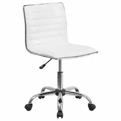 This armless office chair features a white vinyl seat and back for easy cleaning. With a 14 1/2 in back height and 17 1/2 in seat width, it is suited for desk work, reception areas, or light-duty seating in smaller workspaces where mobility is important.