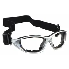 Clear anti-fog lens with indirect ventilation. Elastic band for secure fit. Single pair. Suitable for impact, dust, and splash protection in industrial environments.