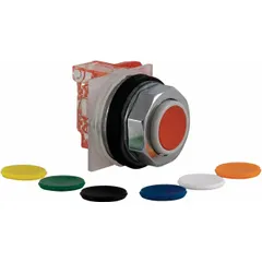 Momentary-action push button operator from the 9001K series. Features an extended metallic profile with 30 mm mounting and one normally open contact. Suitable for industrial control panels requiring a tactile operator for start, stop, or signaling functions.