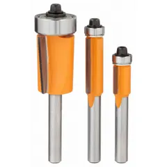 This 3-piece set includes carbide-tipped flush trim router bits with bearing-guided design for precise flush trimming. Suitable for use on wood, laminate, and composite materials in cabinet making, countertop edging, and pattern routing.