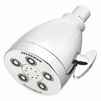 Fixed showerhead with multi-pattern spray options. Constructed from brass and plastic. Flow rate is fixed at 2 gpm. Suitable for hospitality and commercial shower applications