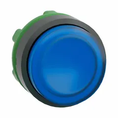 Momentary illuminated push-button operator with extended-length actuator for enhanced visibility and reach. Blue lens, non-metallic construction, 22 mm mounting hole. Suitable for control panels and industrial machinery requiring momentary switching with visual indication.