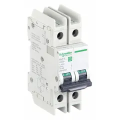 This SCHNEIDER C60BP miniature circuit breaker is a 2-pole, C-Curve unit rated at 45 A and 240V AC with a maximum interrupting rating of 14kA at 120/240V AC. It features screw clamp terminals and is UL489 listed for branch circuit protection in industrial and commercial electrical panels. Not rated for DC voltage.