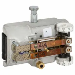 Pneumatic dual-temperature thermostat for day/night HVAC control. Direct-acting at 15 psig (day) and 20 psig (night). Temperature range 55° to 85°F. 3-pipe high-volume air flow output. Horizontal mounting, cover not included.