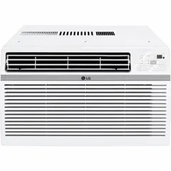Residential-grade window air conditioner for cooling only. Provides 10,000 BtuH cooling capacity, suitable for rooms of 400 to 450 sq ft. Operates on 115V AC with a NEMA 5-15P plug. Features a remote control and a CEER rating of 12.0.
