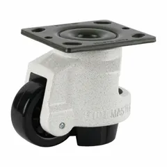 This general purpose leveling plate caster features a nylon tread for smooth rolling on hard floors. With a 75 mm wheel diameter, 120 mm mounting height, and 2205 lb load capacity, it is suited for material handling carts, racks, and workstations. The white frame provides a clean appearance.