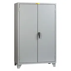 This LITTLE GIANT industrial shelf cabinet measures 48 x 30 x 78 inches and is constructed from welded steel with a powder-coated gray finish. It includes legs and two adjustable shelves, with a swing handle and keyed lock for security. The 12-gauge panel thickness provides structural rigidity. Suitable for storing tools, parts, and equipment in warehouses, factories, and workshops.