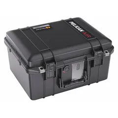This lightweight suitcase-style protective case has interior dimensions of 11 3/8 in x 15 1/8 in x 8 1/2 in. It features press and pull latches and includes stationary dividers. The black case is not carry-on size. Suitable for transporting and protecting sensitive equipment, tools, or instruments in industrial, field-service, and logistics settings.