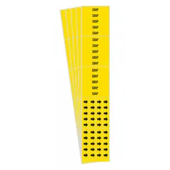 Yellow adhesive pipe marker with black 'Soap' legend and directional arrows. Designed for pipes with an outside diameter of 3/4 inch or smaller. Each pack contains 3 markers. Used to identify soap lines in industrial piping systems.