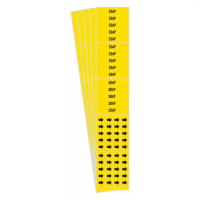 BRADY Pipe Marker: Soap, Yellow, Black, Fits 3/4 in and Smaller Pipe O.D., 3 Pipe Markers - Soap Adhesive Pipe Markers