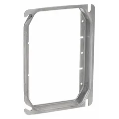 Steel plaster ring with raised cover design. Overall length 5.88 in, width 4.06 in, raised height 5/8 in. Used to extend a device box flush with finished wall surfaces, providing a raised mounting surface for switches or outlets in drywall or plaster applications.