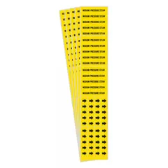 Yellow adhesive pipe marker with black legend reading 'Medium Pressure Steam' and directional arrows. Fits pipe outside diameters of 3/4 in and smaller. Supplied in a 5-pack for labeling medium pressure steam lines in industrial piping systems.