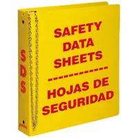 Red/yellow binder for organizing safety data sheets in industrial facilities, labs, and warehouses. Features a 1 1/2 in ring size, 11 in overall height, and 2 in overall depth. Holds standard SDS pages securely