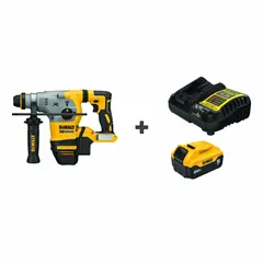 This cordless rotary hammer features a D-handle design and is powered by a 20V DC battery system. It accepts SDS-Plus bits up to 2-1/2 in diameter and delivers 2.6 ft-lb of impact energy at 4,480 bpm. The kit includes a 5.0 Ah battery (DCB205C). Suitable for drilling and chiseling in concrete, masonry, and stone.