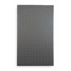 This wall-mount louvered panel is designed for organizing tools and small parts in industrial workstations, warehouses, and maintenance areas. Measuring 61 x 36 x 5/16 inches with a gray powder-coated finish, it supports one-sided use and allows flexible placement of hooks and accessories. No bins are included.