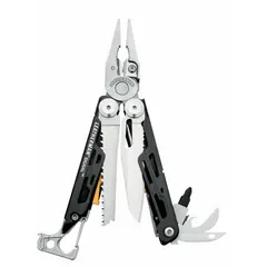 Full-size multi-tool with fold-out pliers, featuring 19 tools and 19 functions. Includes a 420HC combo knife, saw, and carabiner. Closed length of 4 1/2 inches. Stainless steel construction with black finish. Suitable for cutting, gripping, and general maintenance tasks.