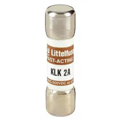 This LITTELFUSE KLK002 is a midget, fast-acting cylindrical fuse rated at 2 A, 600 V AC, and 500 V DC. It measures 13/32 in x 1 1/2 in and is used for overcurrent protection in industrial control panels, motor drives, and power supplies where rapid response to short circuits is required.