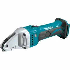 This cordless shear operates on 18V DC and uses a double cut cutting action to shear steel up to 16 gauge. It is a tool-only unit compatible with MAKITA LXT batteries (2.0 Ah, 3.0 Ah, 4.0 Ah, 5.0 Ah, 6.0 Ah). Typical applications include cutting sheet metal, ductwork, and roofing materials in construction, HVAC, and metal fabrication.