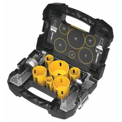 This 9-piece hole saw kit features bi-metal construction with 4/5 teeth per inch for cutting wood, metal, and plastic. Maximum cutting depth is 1 3/4 inches. Suitable for general construction, electrical, and plumbing tasks requiring clean holes in multi-materials.