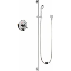 This shower faucet includes a hand-held showerhead with a plastic construction and a flow rate of 2.5 gpm. It features a single handle for temperature and flow control. Suitable for residential or commercial bathing applications, including accessible showers and assisted-care facilities.
