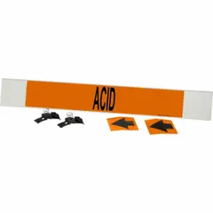 Orange fiberglass pipe marker with black legend 'Acid' and arrows, designed for pipes with outer diameter of 8 inches and larger. The marker is mounted with strapping and includes one pipe marker. Used to identify pipes carrying acid in industrial piping systems.