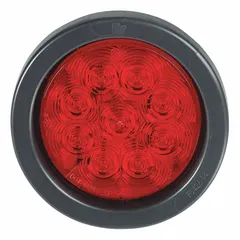 This LED stop light features a red round lens with a 4 5/16 in overall diameter and is designed for permanent grommet mounting. It connects via a wire harness and complies with SAE J1398 standards. Suitable for use as a stop light on vehicles requiring a bright red signal.