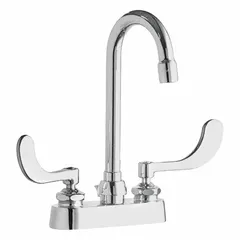 Centerset deck-mount kitchen faucet made of cast brass. Gooseneck spout provides clearance for filling pots or washing. Flow rate of 1 gpm. Suitable for commercial kitchen and bathroom deck mounting.