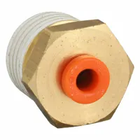 This brass push-to-connect adapter fitting connects 1/8 in OD polybutylene or brass tubing to a 1/4 in BSPT threaded port. It is used in pneumatic systems and fluid transfer applications for secure, leak-free connections
