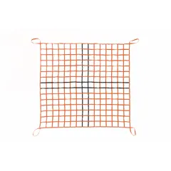 Orange polyester cargo lifting net for light load handling. Used in industrial, warehouse, and construction settings to lift and secure materials. The net provides visibility and strength for safe lifting operations.