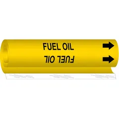 Yellow wrap-around pipe marker with black legend 'Fuel Oil' and directional arrows. Fits pipe outer diameters from 1-1/2 to 2-3/8 inches. Used to identify fuel oil piping in industrial and commercial facilities, aiding in pipe content and flow direction recognition.