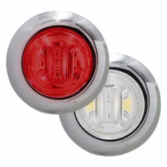 LED round surface mount marker light with red lens and red/white illumination. Features hole mount type, bullet connectors, and IP67 rating. Used as a clearance marker on trailers, trucks, and heavy equipment to indicate vehicle width and position.