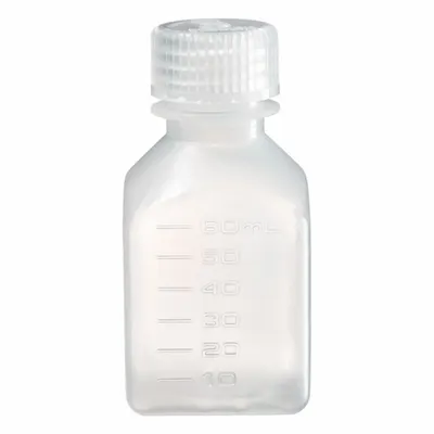 NALGENE Graduated Bottle: 60 mL, 2 fl oz, PPCO, Natural, 24 mm Screw Closure Size - PPCO Rectangular Lab Bottles