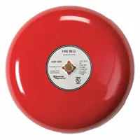 Red fire alarm bell with bell sound, operating at 120V AC. Overall width 8 in, overall depth 3 3/8 in. Used as an audible alarm in fire detection and evacuation systems to alert building occupants