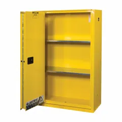 This wall-mounted steel cabinet is designed for storing flammable materials in industrial or laboratory settings. It features two doors, no drawers, and provides secure containment to reduce fire risks. Overall dimensions: 43 in width, 18 in depth, 5 3/8 ft height.