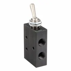 Four-way, two-position pneumatic valve from the Pneumadyne 45 Series. Toggle-operated with detent mechanism to hold position. Aluminum body with 1/8 in female NPT ports. Used for manual control of compressed air flow in pneumatic systems such as actuators and cylinders.