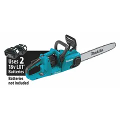 This MAKITA battery-powered chainsaw features a 16-inch bar length and rear-handle design. It operates on an 18 V battery platform with a 32 cc equivalent gas engine power rating. The adjustable/automatic chain oiler provides lubrication for cutting tasks. Suitable for tree pruning, limbing, and light-to-medium cutting in landscaping and construction applications.