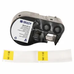 This precut wraparound label measures 2 1/2 in x 1 in and is made of yellow matte vinyl. Designed for wire and cable identification on 6 AWG to 0 AWG gauges. Compatible with the M510 printer series and requires R4300 ribbon. Used in industrial electrical panels, control cabinets, and maintenance marking.