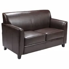 This loveseat features a black faux leather upholstery and a wood frame. The seat measures 42 inches wide and 19 1/2 inches deep. Suitable for use in living rooms, waiting areas, or offices.