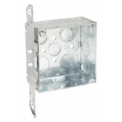 Steel 4" x 4" square electrical box with a nominal size of 4 inches. Accommodates 2 gangs and features a stud side bracket with spurs for secure attachment. No clamps included. Suitable for use as a junction box or for mounting switches and outlets in standard electrical installations.