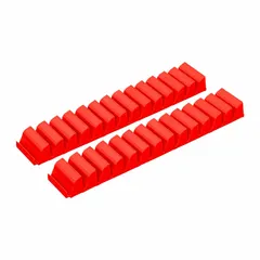 This red plastic screwdriver organizer includes a magnetic base for holding ferrous tools. Measuring 27 inches long and 2 1/4 inches wide, it provides a dedicated storage solution for screwdrivers and bits in workshops and maintenance areas.