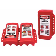 Red plastic plug lockout cover for 2 1/2 in maximum plug diameter and 1 1/4 in maximum cord diameter. Designed for 110V AC 2-prong plugs with encasing lockout capability. Used to secure plugs during lockout/tagout procedures to prevent accidental re-energization.