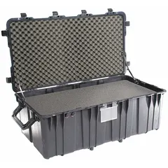 This standard protective transport case from PELICAN features interior dimensions of 24 1/8 in x 47 5/8 in x 17 3/4 in. It includes convoluted, pick and pluck, and solid foam options for customizable cushioning. The case has a folding handle style and a double throw closure type, suitable for transporting and storing sensitive equipment.