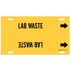 Yellow strap-on pipe marker with black legend 'Lab Waste' and directional arrows. Fits pipe outer diameters from 6 to 7-7/8 inches. Used to identify lab waste piping in industrial and laboratory facilities for clear visual communication.